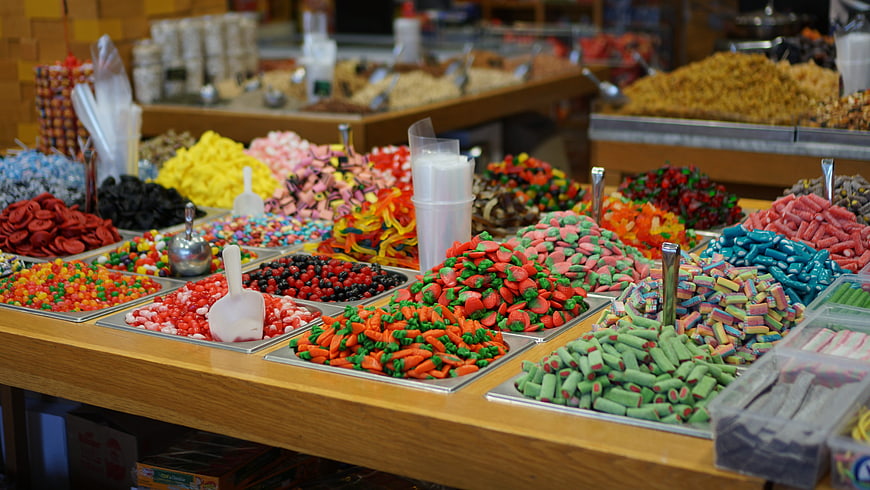 Colorful Bulk Candy Display in a Market Shop