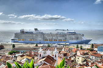 Anthem of the Seas cruise ship docked in Lisbon harbor
