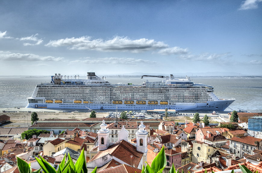 Anthem of the Seas cruise ship docked in Lisbon harbor