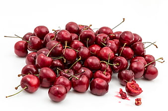 Fresh Ripe Red Cherries With Stems On White Background