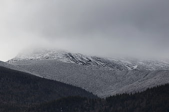 Snowy Mountain Peak with Fog and Forest