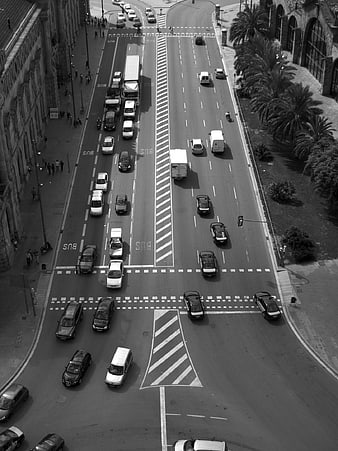 High angle black and white city traffic intersection