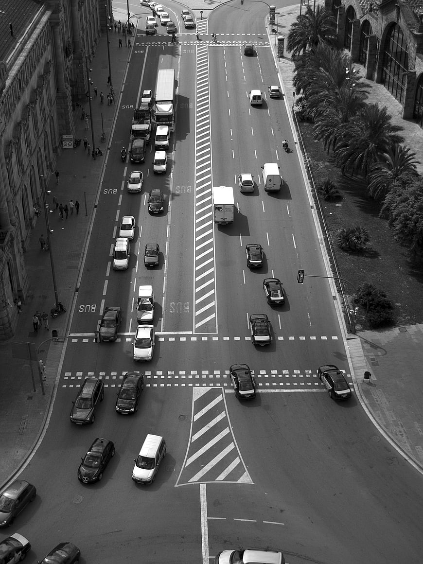 High angle black and white city traffic intersection