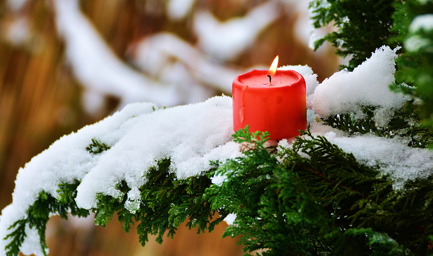 Red Candle Burning on Snowy Evergreen Branch