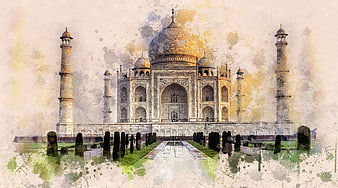 Artistic watercolor style illustration of the Taj Mahal in Agra, India