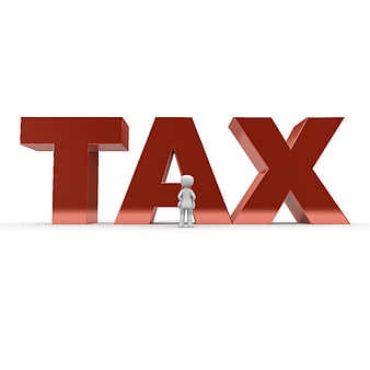 3D Man Standing Before Giant Red Tax Letters