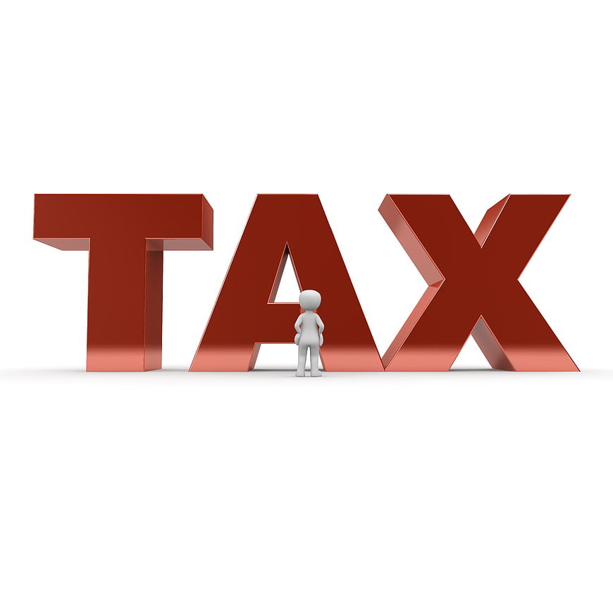 3D Man Standing Before Giant Red Tax Letters