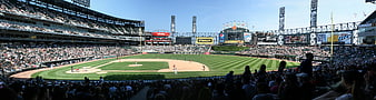 Panoramic View of Baseball Stadium with Crowd and Field