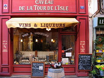 Red French Wine Shop Facade with Awning