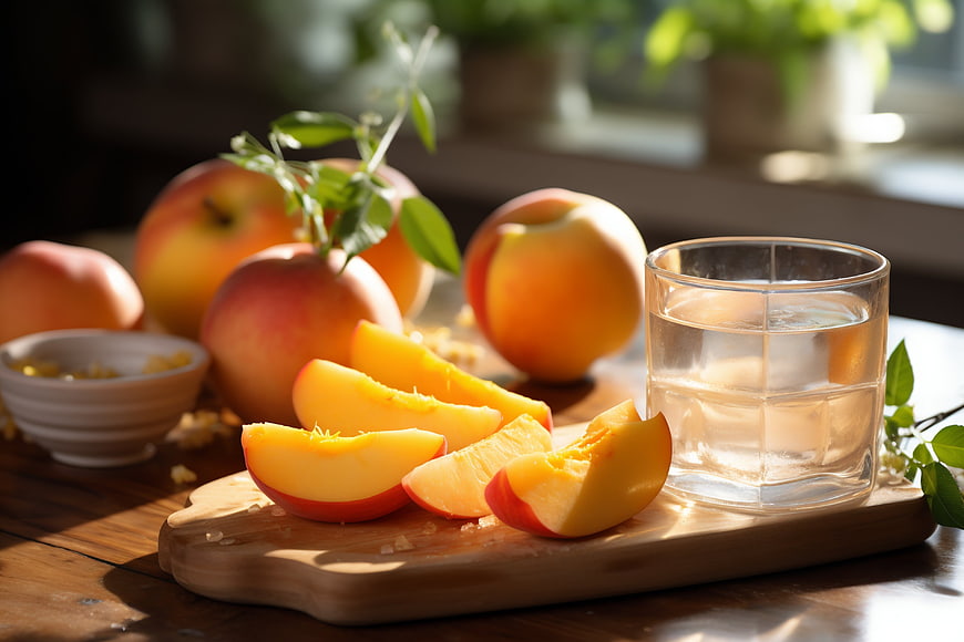 Fresh Peach Slices and Water on Wooden Board