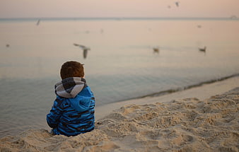 Young child sitting on a sandy beach watching birds at sunrise