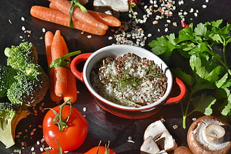 Fresh Vegetables and Rice Bowl on Dark Background
