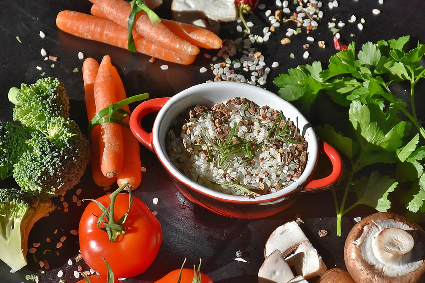 Fresh Vegetables and Rice Bowl on Dark Background
