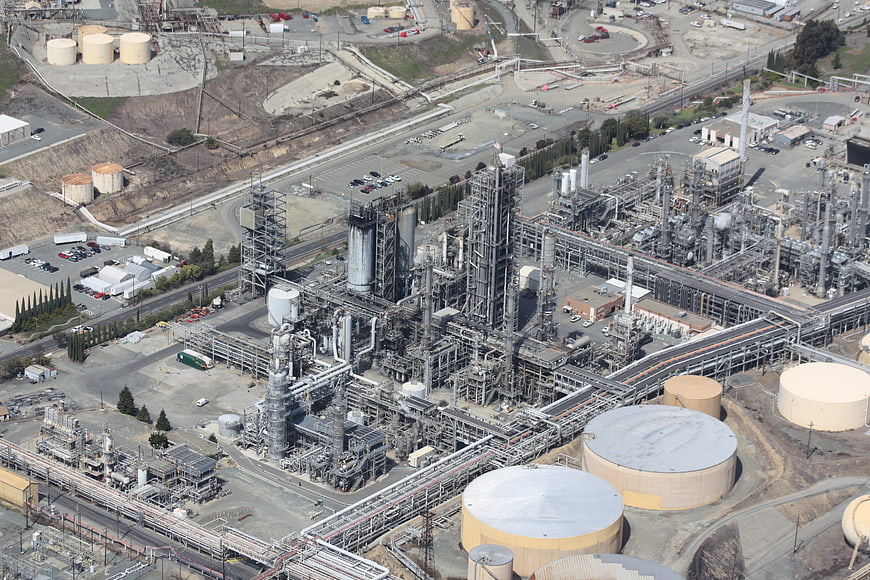 Aerial view of large industrial oil refinery complex