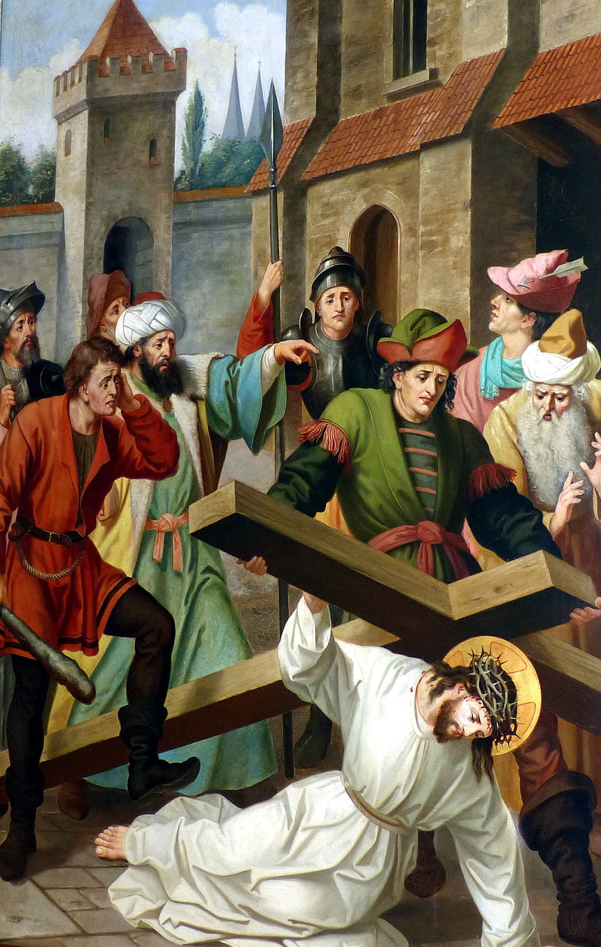 Classical painting of Jesus carrying the cross to Calvary