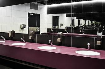Modern Public Bathroom with Purple Countertop and Mirrors