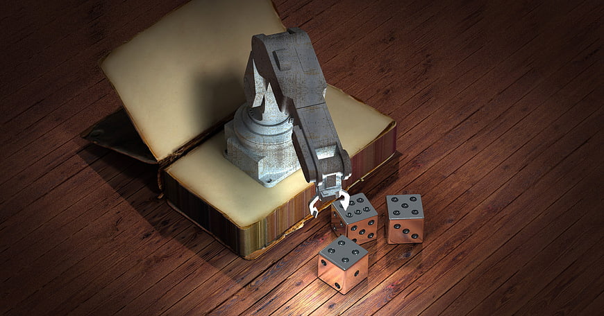 Robotic Arm Manipulating Metal Dice On Open Book