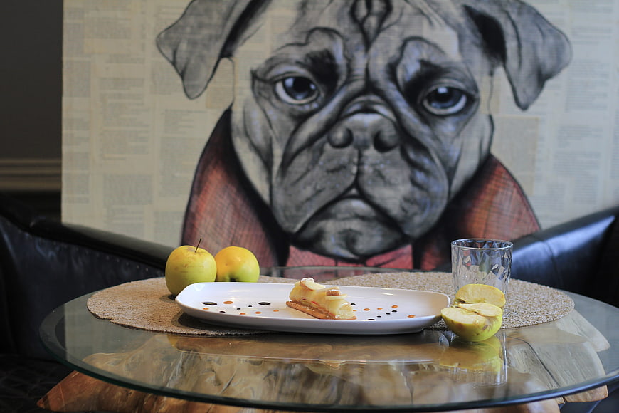 Gourmet dessert and apples on glass table with pug painting