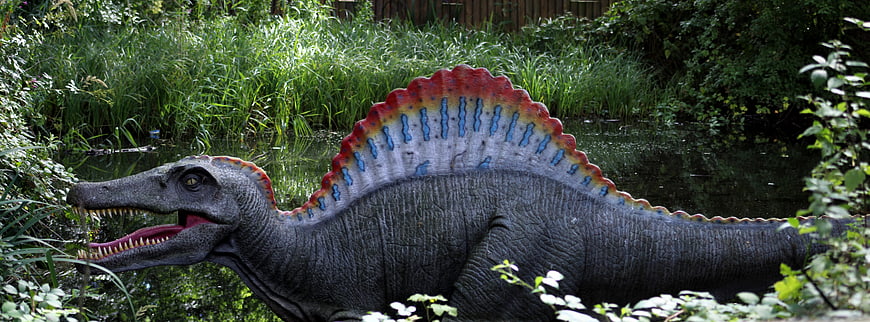 Spinosaurus Dinosaur Model In Lush Garden Setting
