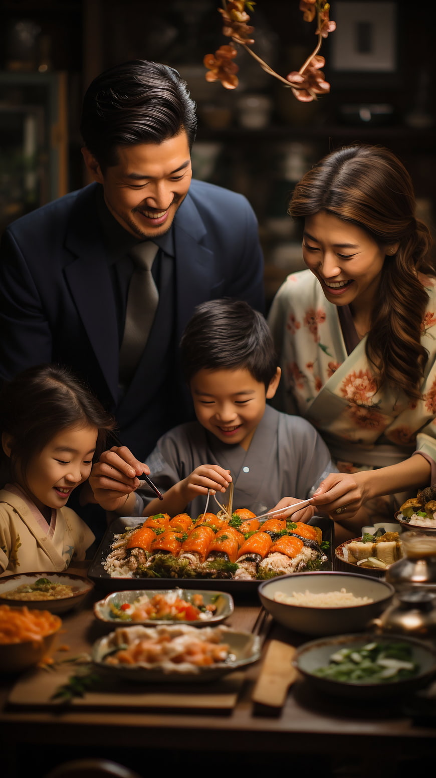 Happy Japanese family eating sushi dinner together
