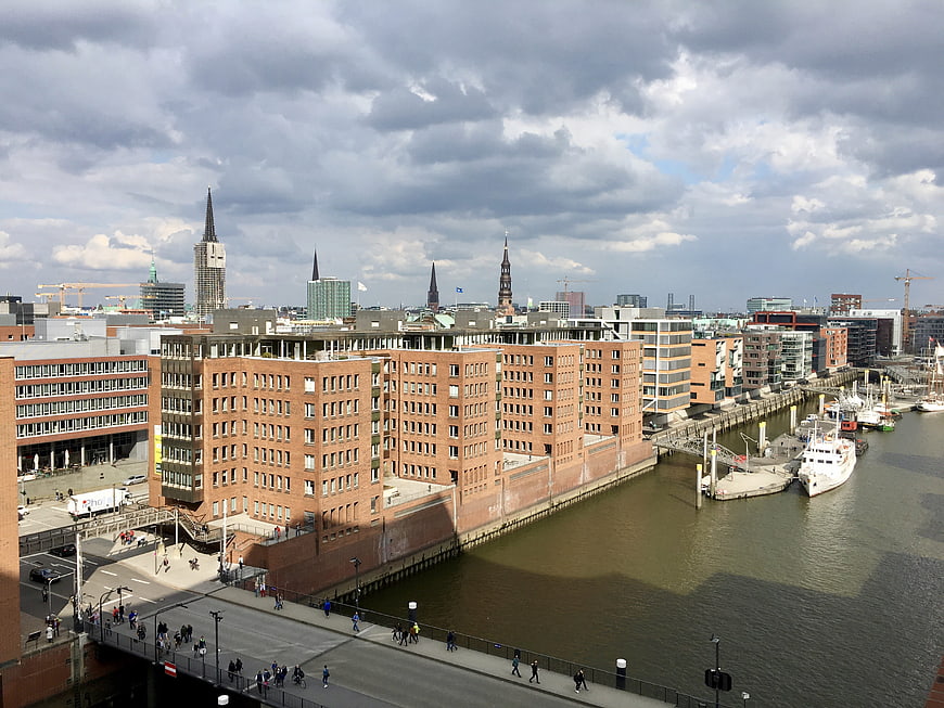 Hamburg City Skyline and Harbor Canal View