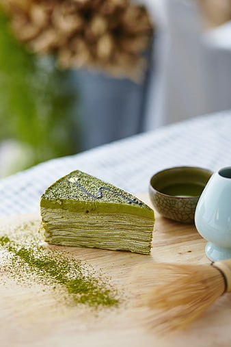 Matcha Mille Crepe Cake Slice with Green Tea