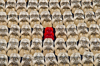 Red gummy bear isolated among gray gummy bears