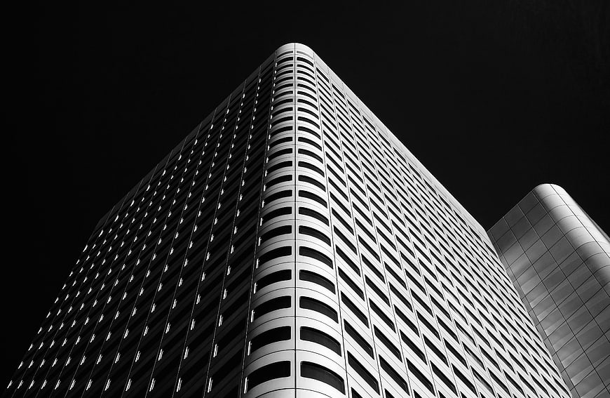 Black and white skyscraper architecture low angle view