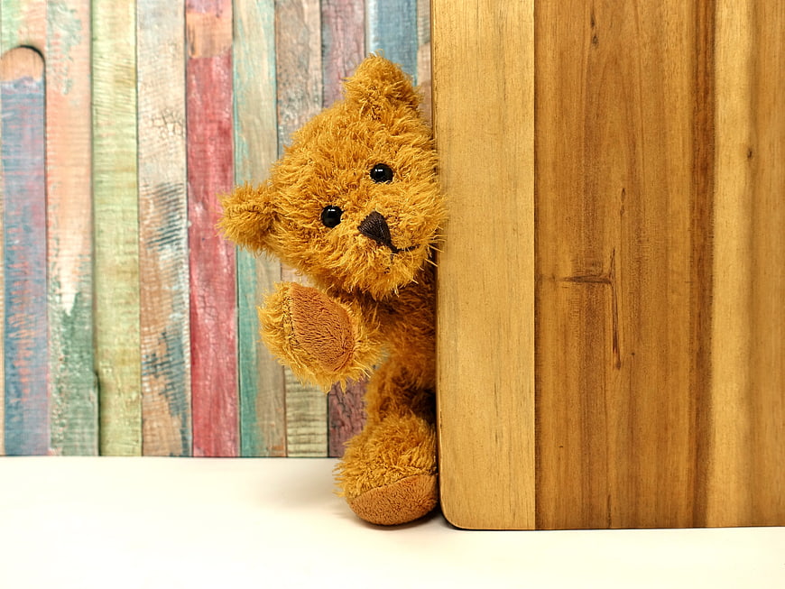 Cute teddy bear peeking from behind wooden board