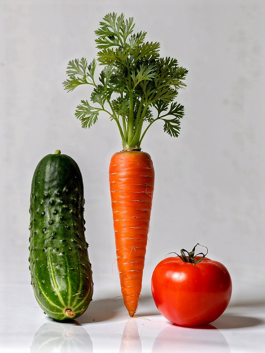 Fresh Cucumber, Carrot, and Tomato on White Background