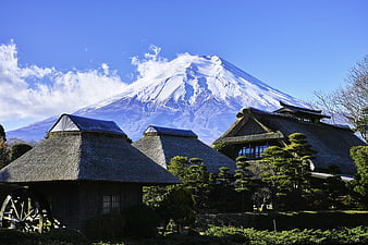 Traditional Japanese Thatched Cottages with Mount Fuji Background