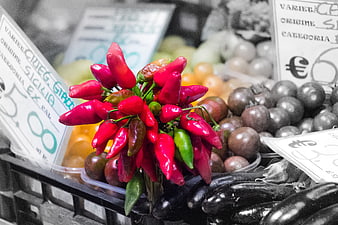 Vibrant Red Chili Peppers at Italian Market Stall