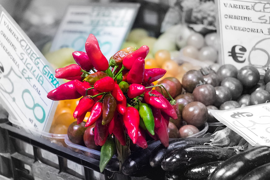 Vibrant Red Chili Peppers at Italian Market Stall
