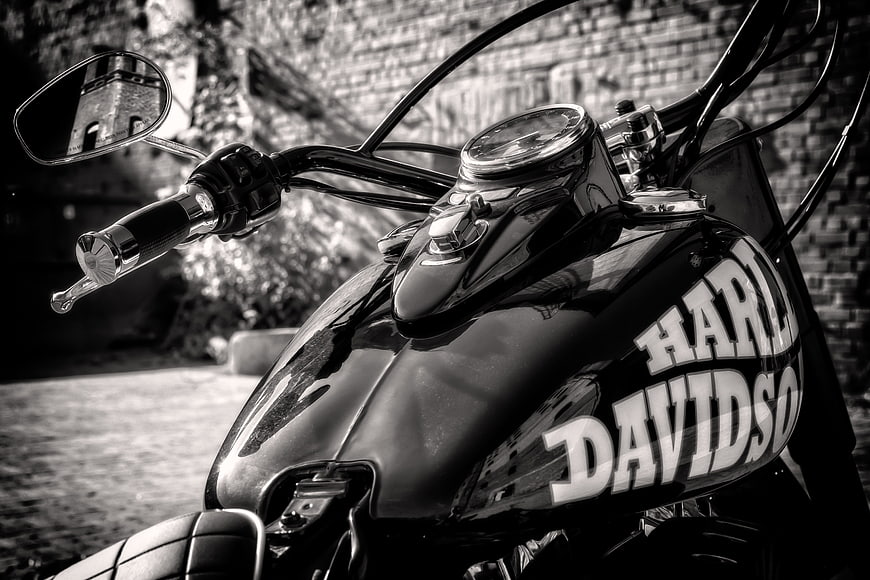 Black and White Close Up of Harley Davidson Motorcycle Tank