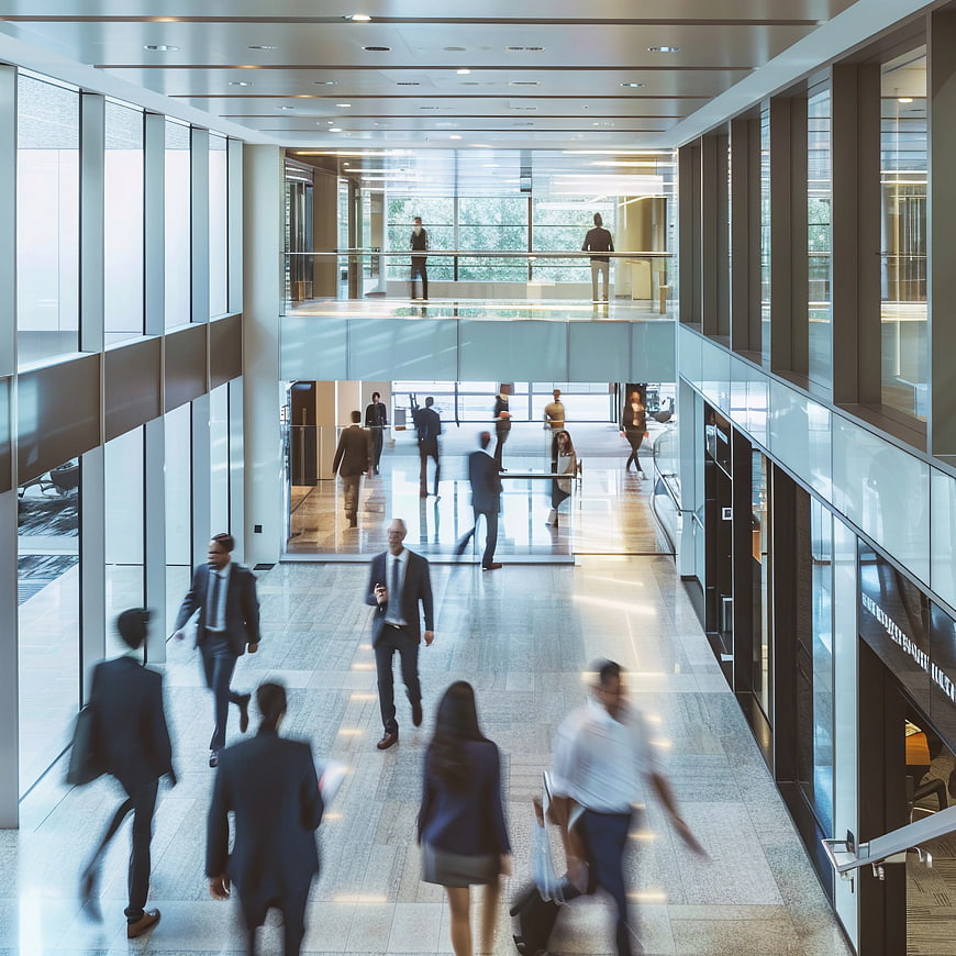 Business People Walking in Modern Office Lobby