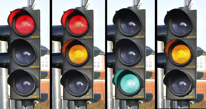 Sequence of traffic light signals showing red, amber, and green phases