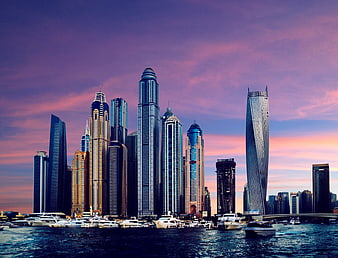 Dubai Marina Skyline at Sunset with Yachts