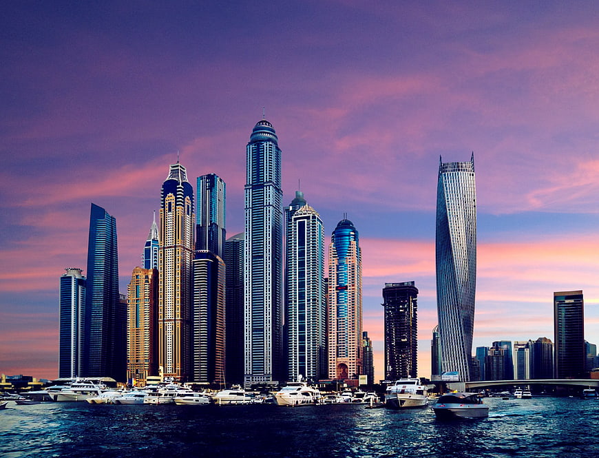 Dubai Marina Skyline at Sunset with Yachts