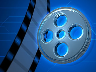 Blue 3D Film Reel and Strip on Digital Background