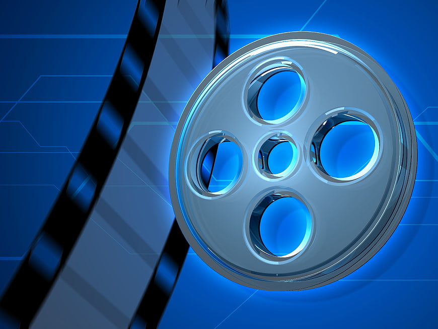 Blue 3D Film Reel and Strip on Digital Background