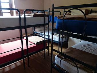 Bunk beds in a youth hostel dormitory room