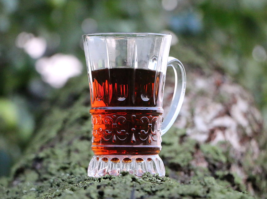 Glass Mug with Red Liquor on Mossy Log