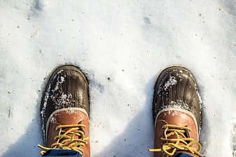 Brown Winter Boots Standing In Fresh Snow