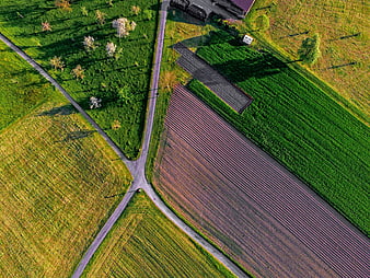 Aerial View of Rural Farmland with Plowed Fields and Roads