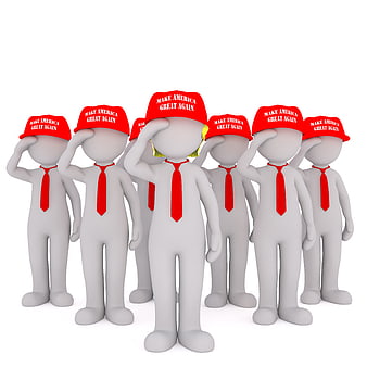 3D cartoon figures saluting with red MAGA hats and ties
