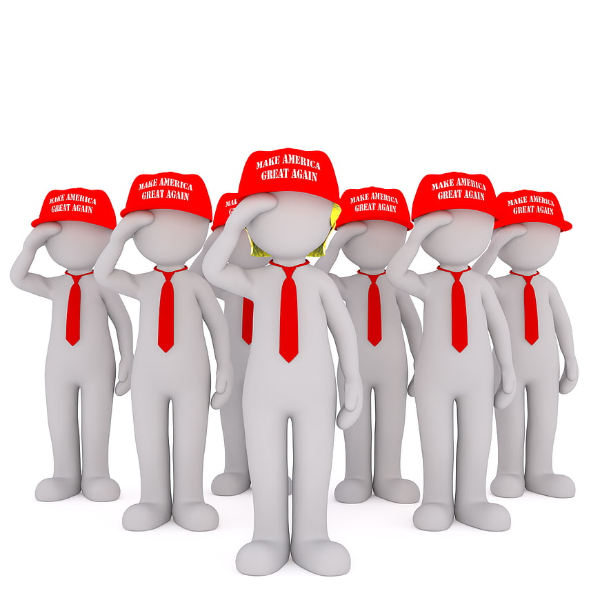 3D cartoon figures saluting with red MAGA hats and ties