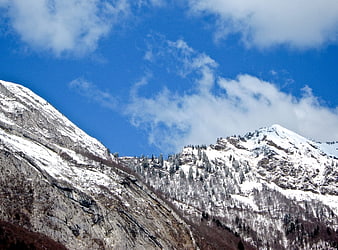 Snow-Covered Mountain Peaks Under Blue Sky