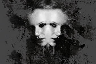 Surreal black and white double exposure woman portrait with grunge texture