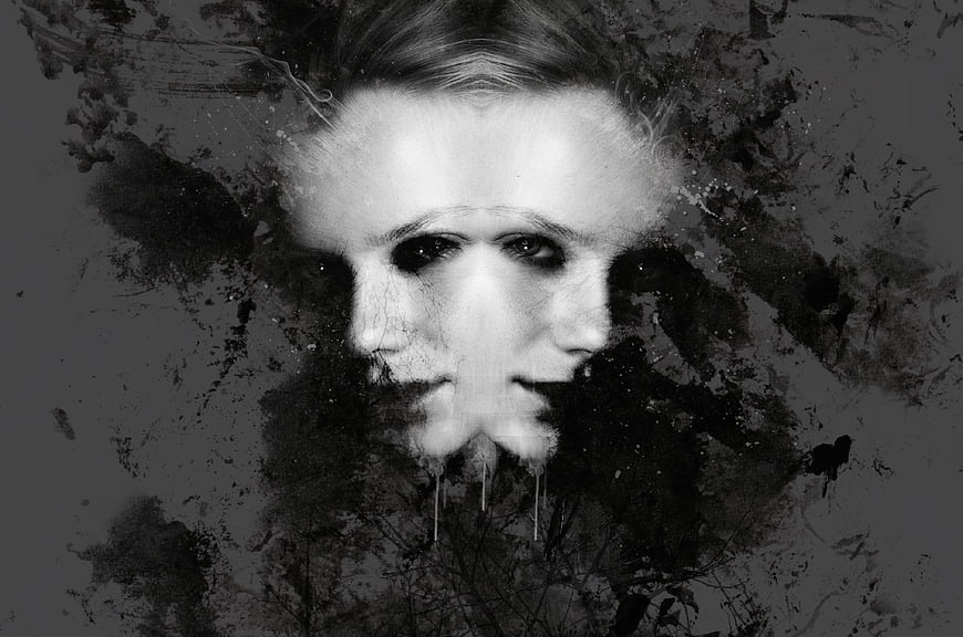 Surreal black and white double exposure woman portrait with grunge texture