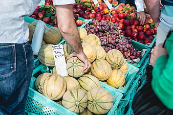 Man selecting melon at outdoor farmers market fruit stand